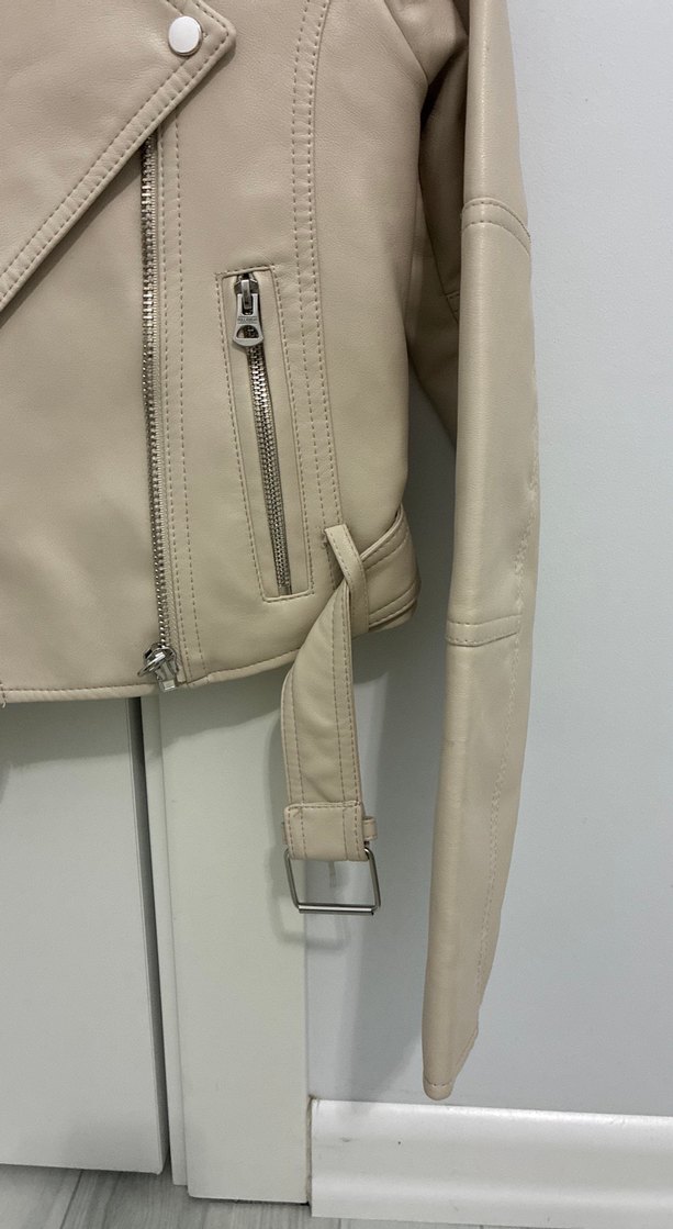 Bej Deri Biker Ceket Kemerli - Görsel 5