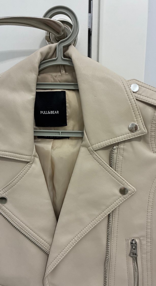 Bej Deri Biker Ceket Kemerli - Görsel 4