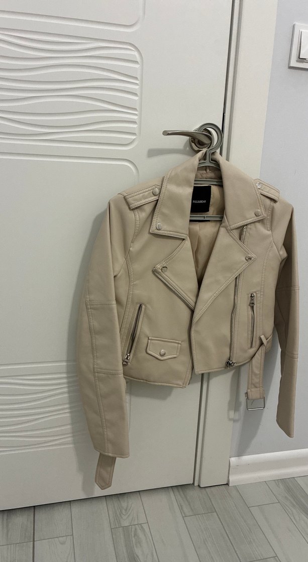 Bej Deri Biker Ceket Kemerli - Görsel 2