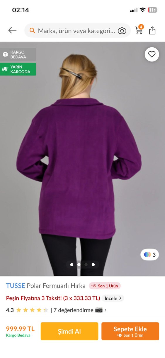 Mor Polar Fermuarlı Kadın Hırka - Görsel 3