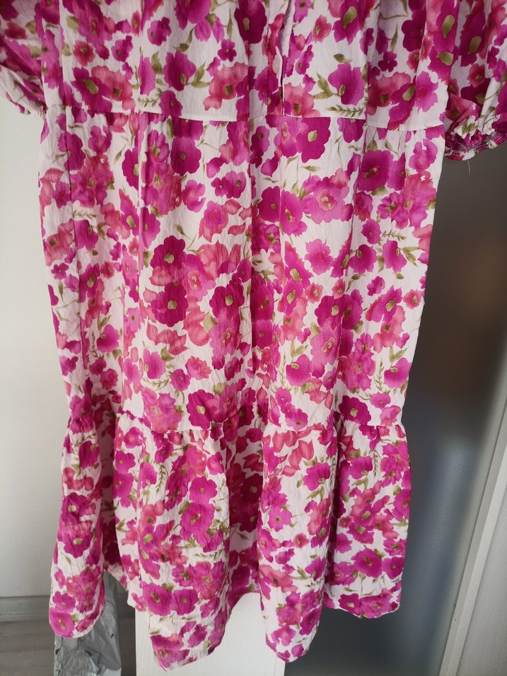 Pembe Çiçek Desenli Uzun Bohem Elbise - Görsel 3