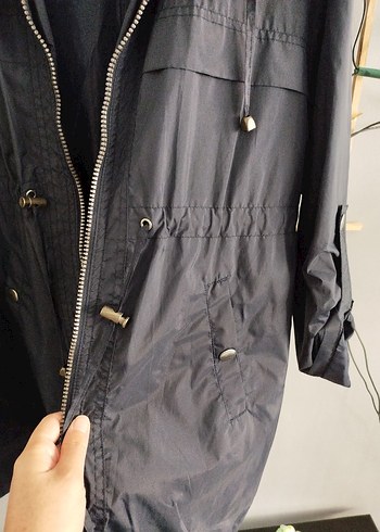 Lacivert Uzun Kadın Keten Ceket yağmurluk - Görsel 3