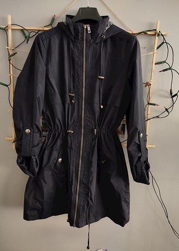 Lacivert Uzun Kadın Keten Ceket yağmurluk - Görsel 6