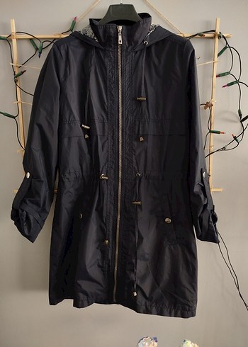 Lacivert Uzun Kadın Keten Ceket yağmurluk - Görsel 4