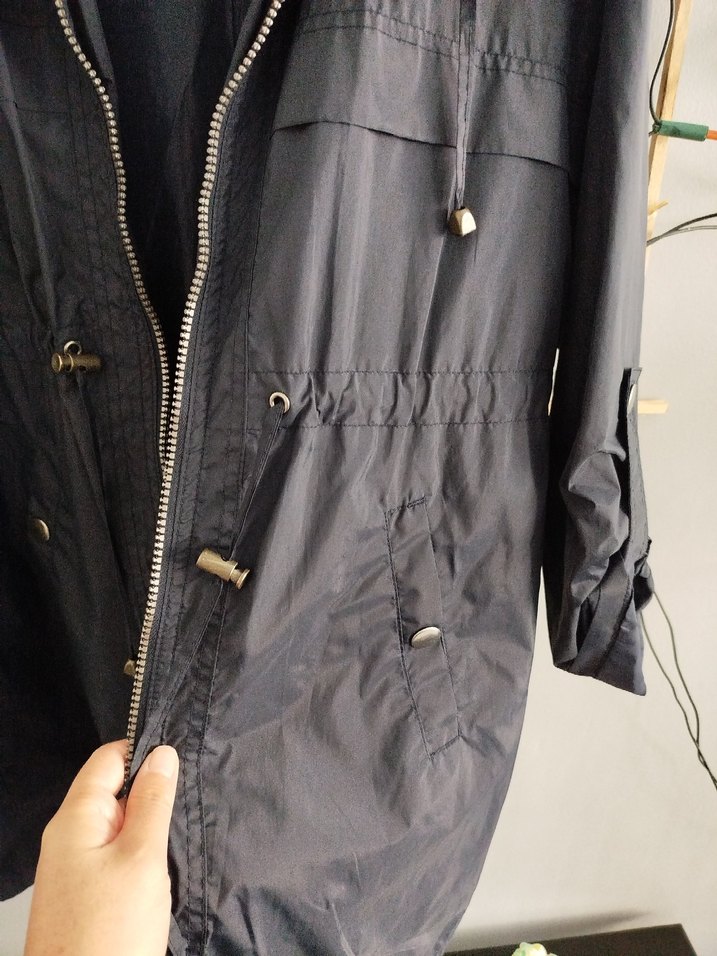 Lacivert Uzun Kadın Keten Ceket yağmurluk - Görsel 3