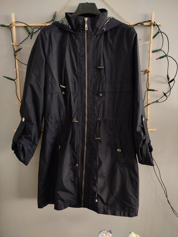 Lacivert Uzun Kadın Keten Ceket yağmurluk - Görsel 4