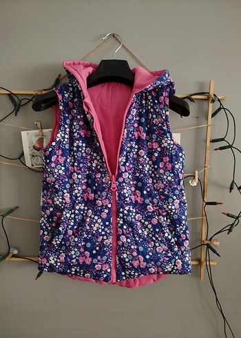 Kız Çocuk Pembe Kapüşonlu çift taraflı Yelek - Görsel 4