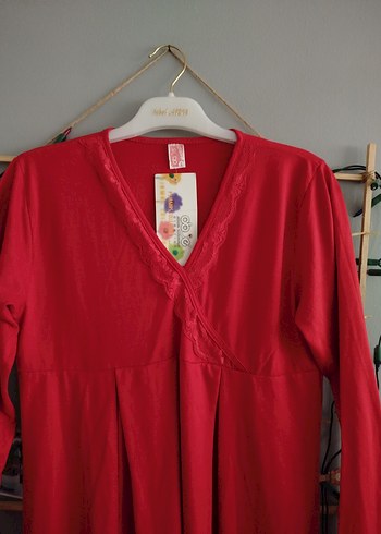 Kırmızı Uzun Kollu Hamile ve Emzirme Gecelik - Görsel 2