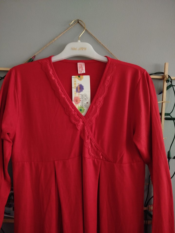 Kırmızı Uzun Kollu Hamile ve Emzirme Gecelik - Görsel 2