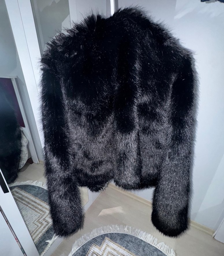 Siyah Kadın Kürk Detaylı Midi Mont - Görsel 2