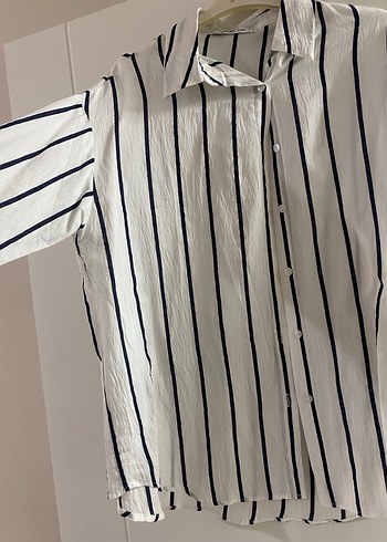 Kadın Beyaz Çizgili Keten Gömlek - Görsel 2