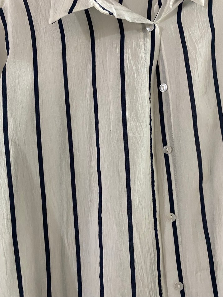 Kadın Beyaz Çizgili Keten Gömlek - Görsel 3