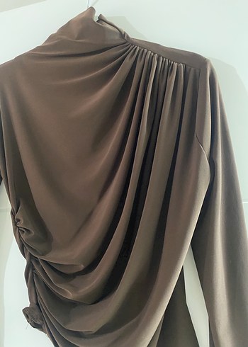 Drapeli Kahverengi Uzun Kollu Kadın Bluz - Görsel 2