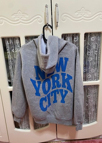 Gri New York City Baskılı Kapüşonlu Sweatshirt - Görsel 3