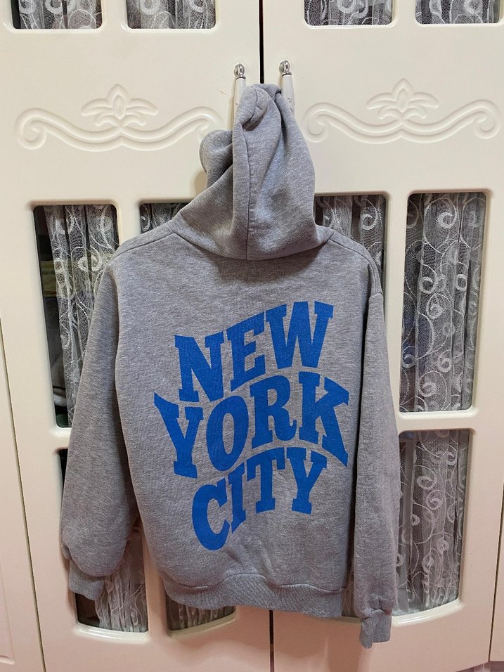 Gri New York City Baskılı Kapüşonlu Sweatshirt - Görsel 2