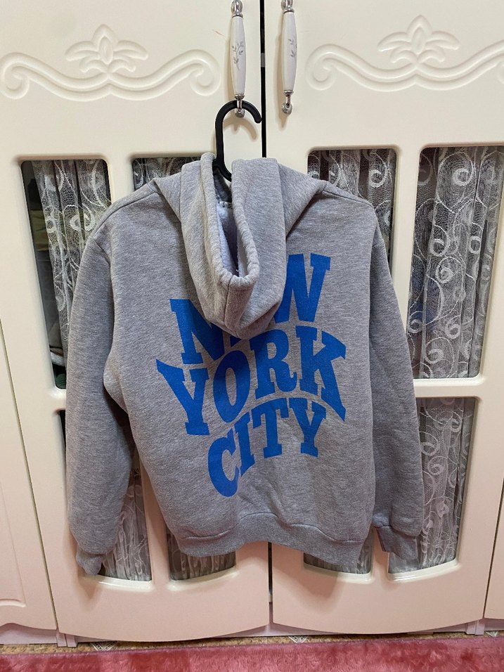 Gri New York City Baskılı Kapüşonlu Sweatshirt - Görsel 4