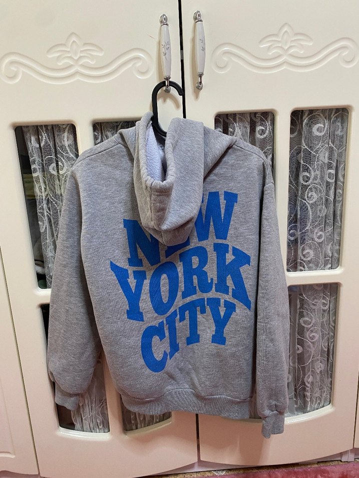 Gri New York City Baskılı Kapüşonlu Sweatshirt - Görsel 3