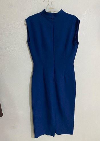 Lacivert Drapeli Yüksek Yakalı Uzun Elbise - Görsel 2