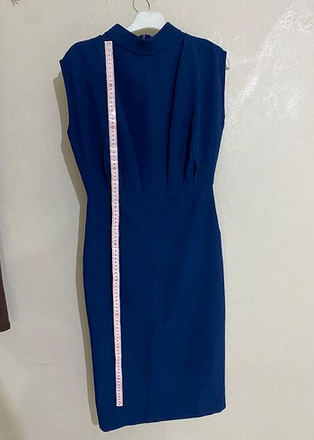 Lacivert Drapeli Yüksek Yakalı Uzun Elbise - Görsel 4