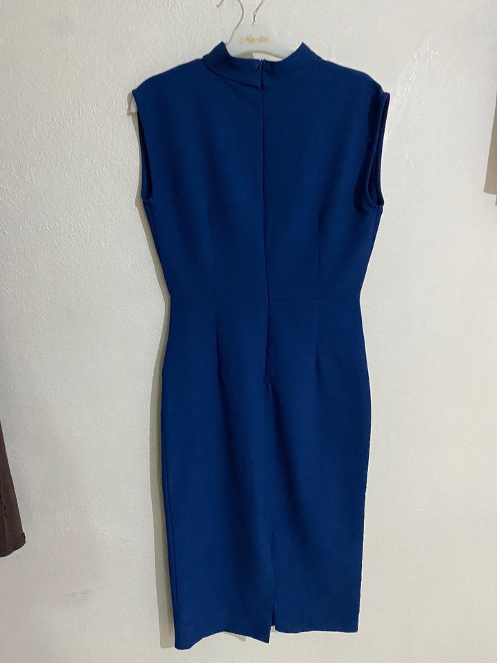 Lacivert Drapeli Yüksek Yakalı Uzun Elbise - Görsel 2