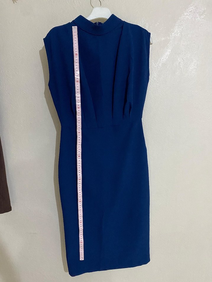 Lacivert Drapeli Yüksek Yakalı Uzun Elbise - Görsel 4