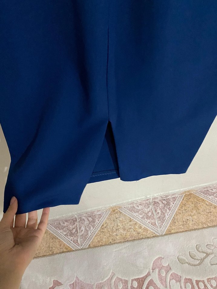 Lacivert Drapeli Yüksek Yakalı Uzun Elbise - Görsel 3