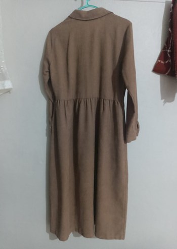 Düğmeli Kahverengi Keten Kadın Gömlek Elbise - Görsel 6