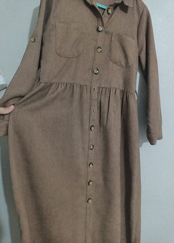Düğmeli Kahverengi Keten Kadın Gömlek Elbise - Görsel 5