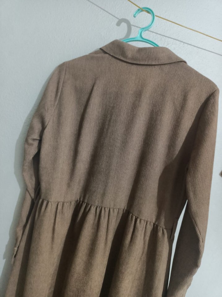 Düğmeli Kahverengi Keten Kadın Gömlek Elbise - Görsel 4