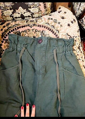 Zara Yeşil keten pamuklu pantolon - Görsel 8