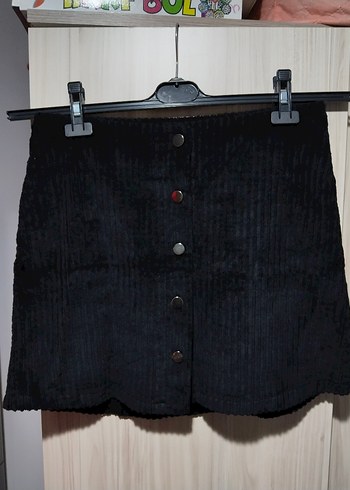 Düğme Detaylı Siyah Kadife Mini Etek - Görsel 5