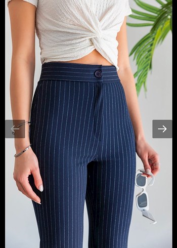 Likralı Lacivert Çizgili Kadın Pantolon - Görsel 4