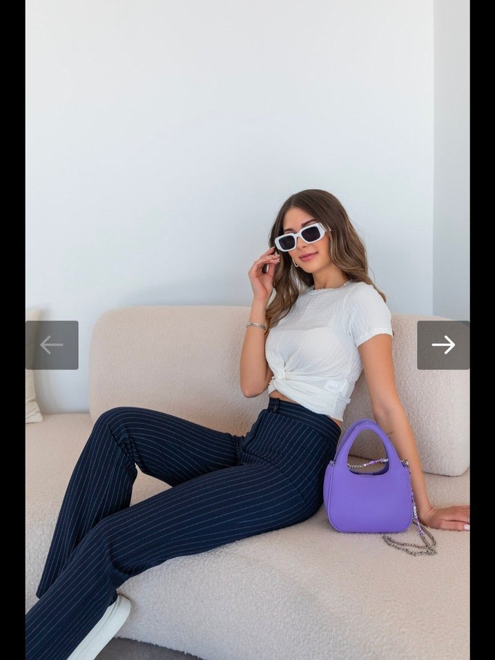 Likralı Lacivert Çizgili Kadın Pantolon - Görsel 3