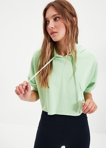 Mint Yeşil Kapüşonlu Crop Örme Sweatshirt 