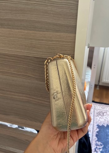 Beden altın Renk Parlak Altın Zincir Detaylı Deri Kadın Çanta