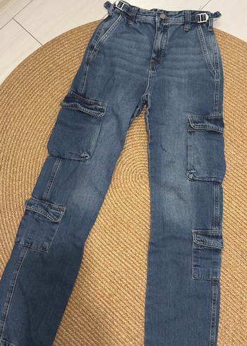 Stradivarius Yuksek Bel Mavi Denim Kargo Pantolon