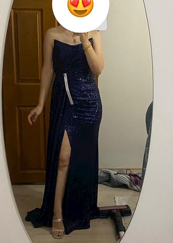 Parlak Lacivert Straplez Uzun Parti Elbisesi - Görsel 2