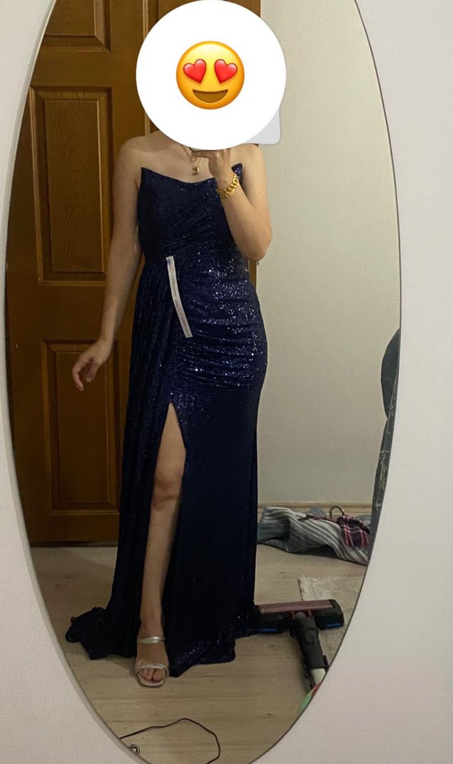 Parlak Lacivert Straplez Uzun Parti Elbisesi - Görsel 2