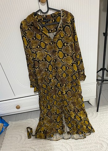 Kahverengi Yılan Desenli Uzun Bohem Elbise - Görsel 2