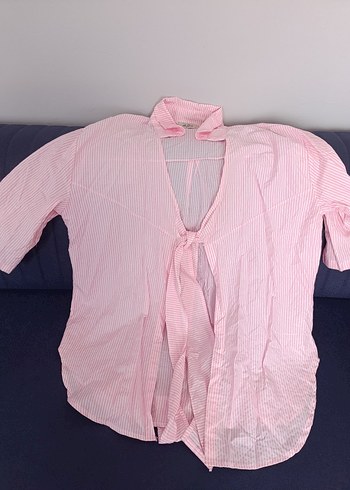 Pembe çizgili Keten Halter Yaka Kadın Gömlek