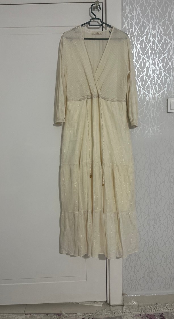 Beyaz Bohem Uzun Keten Elbise - Görsel 2