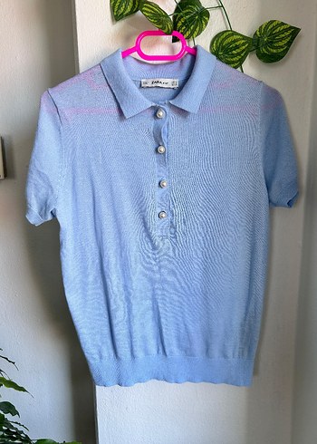 zara inci Düğmeli Mavi Kısa Kollu Kadın bluz