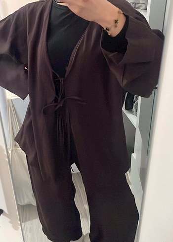 Takım Kahverengi Midi Kadın Salaş Elbise - Görsel 2