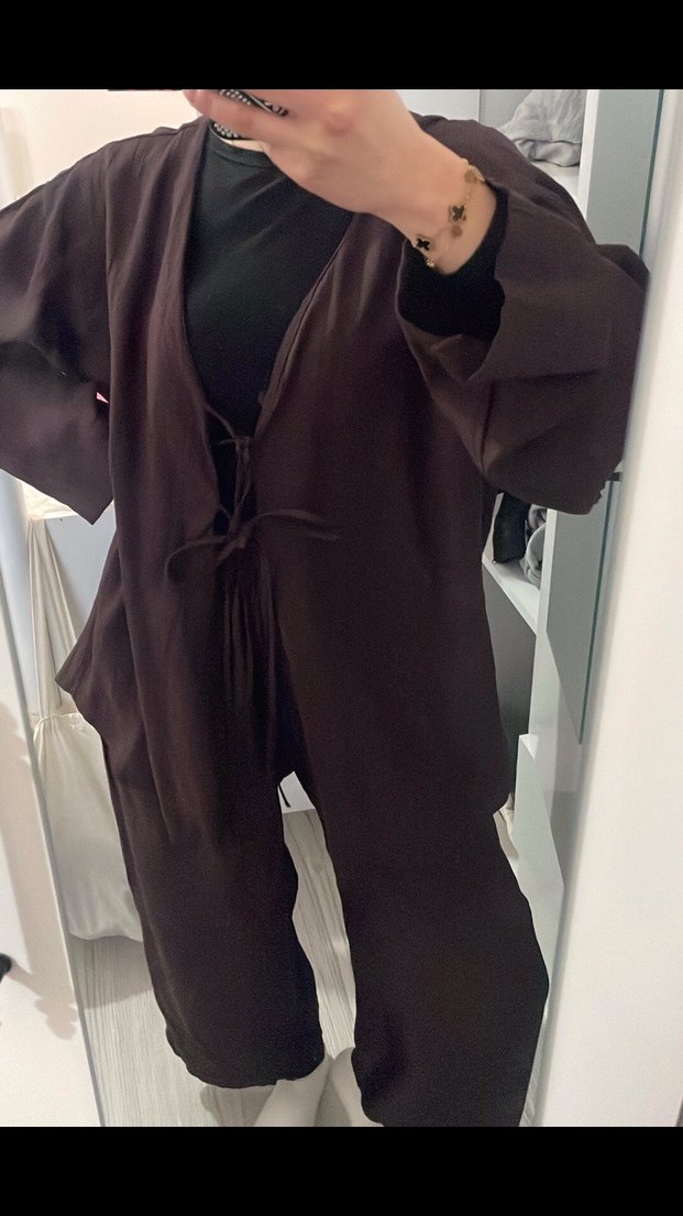 Takım Kahverengi Midi Kadın Salaş Elbise - Görsel 2