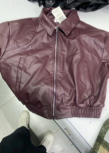 l Beden bordo Renk Düğmeli bordo Deri Kadın Ceket