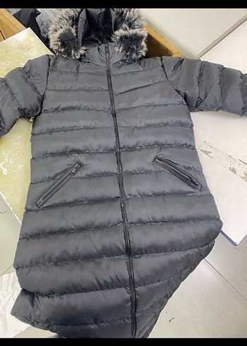 l Beden Siyah Uzun Kadın Kışlık Mont Kürklü Kapüşonlu