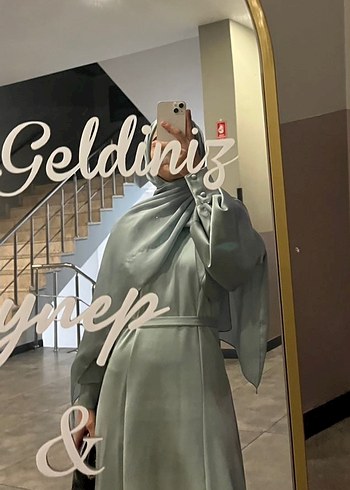 s Beden turkuaz Renk ŞALLI Açık turkuaz taşlı detaylı balon kollu kadın abiye elbise