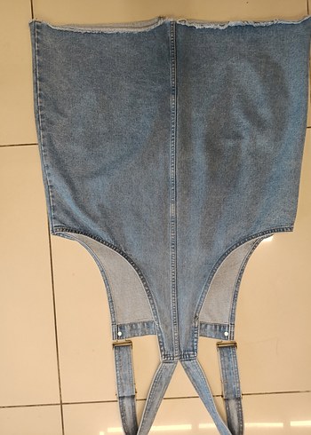 Denim&Co 46 bedenMavi Denim Kısa Jean Salopet Elbise - Görsel 5