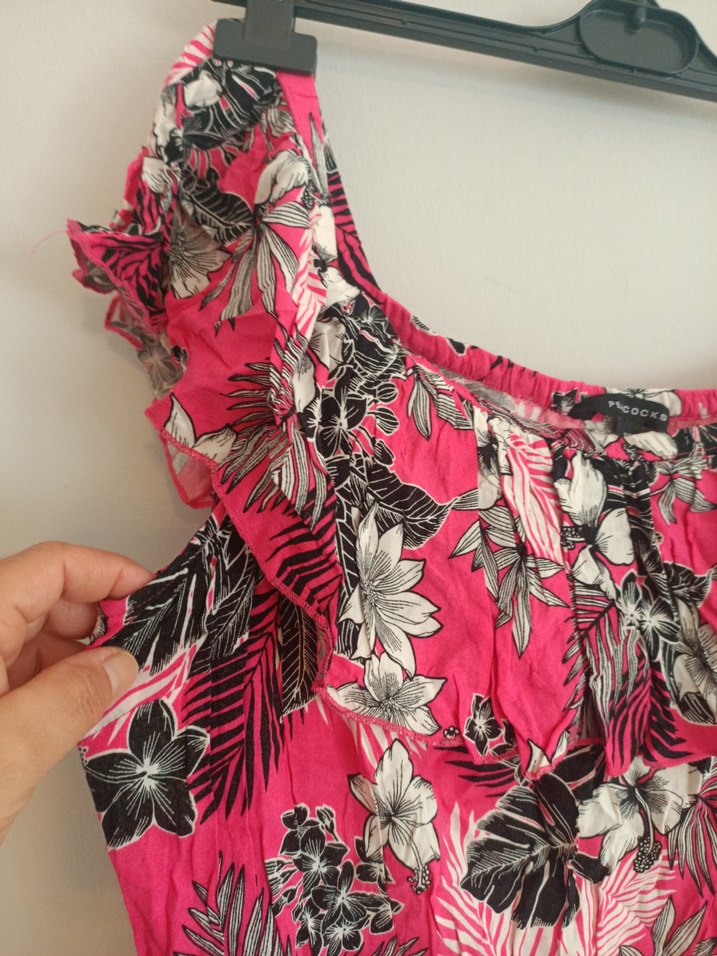 Yurtdışından46 beden Pembe Çiçekli Volanlı Straplez Kadın  Tulum - Görsel 3