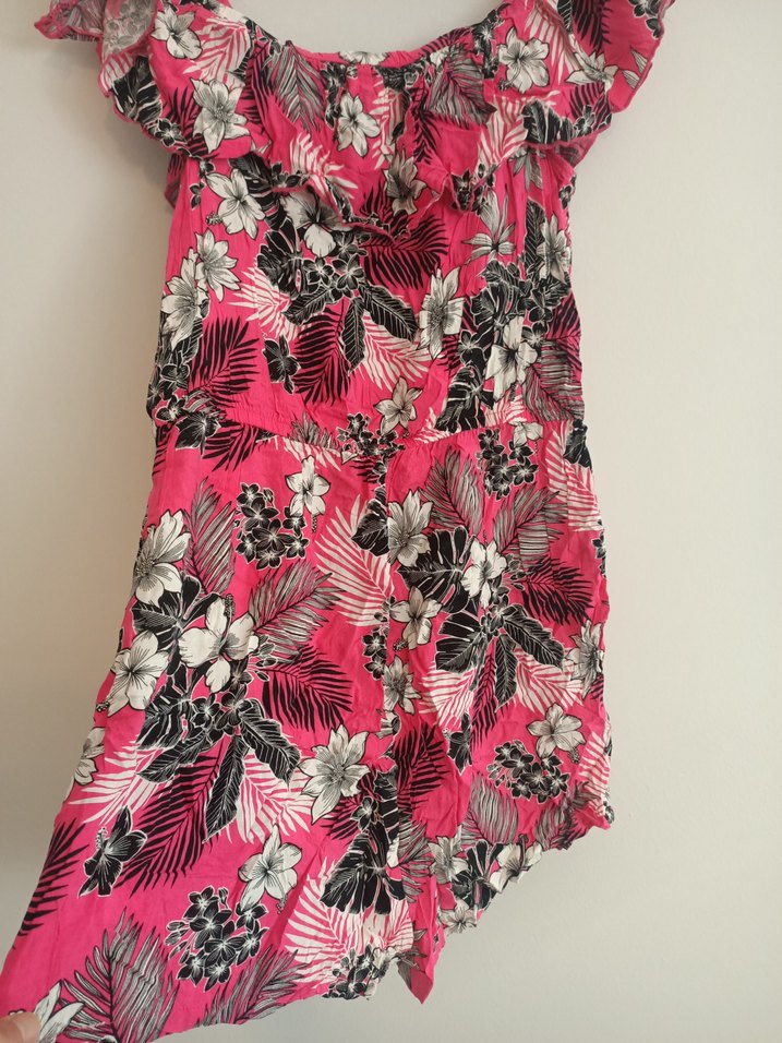 Yurtdışından46 beden Pembe Çiçekli Volanlı Straplez Kadın  Tulum - Görsel 5